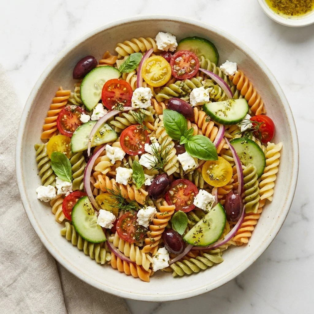 Mediterranean Pasta Salad with Zesty Lemon Herb Vinaigrette