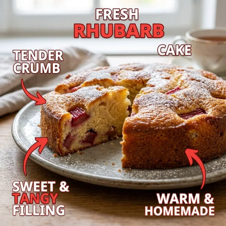 Slice of tender Norwegian rhubarb cake with buttery crust and fresh rhubarb.