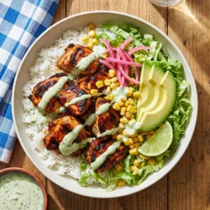 Oven-baked BBQ chicken rice bowls with creamy cilantro ranch dressing