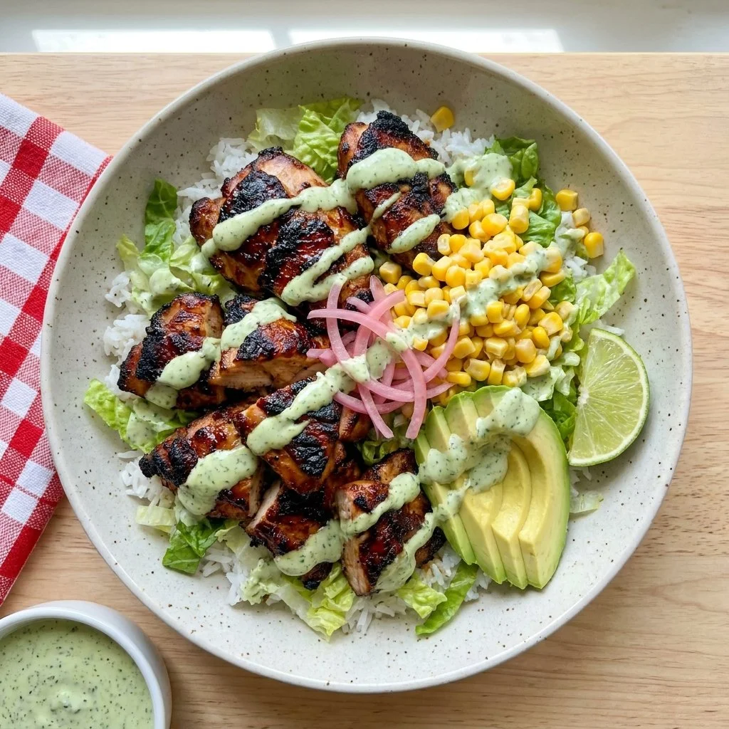 Oven-Baked BBQ Chicken Rice Bowls with Creamy Cilantro Ranch
