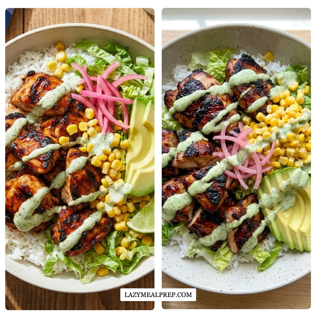 Oven-Baked BBQ Chicken Rice Bowls with Creamy Cilantro Ranch