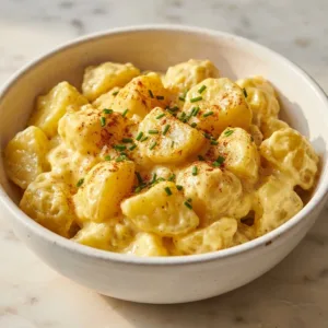 Bowl of quick and easy Southern potato salad with fresh ingredients.