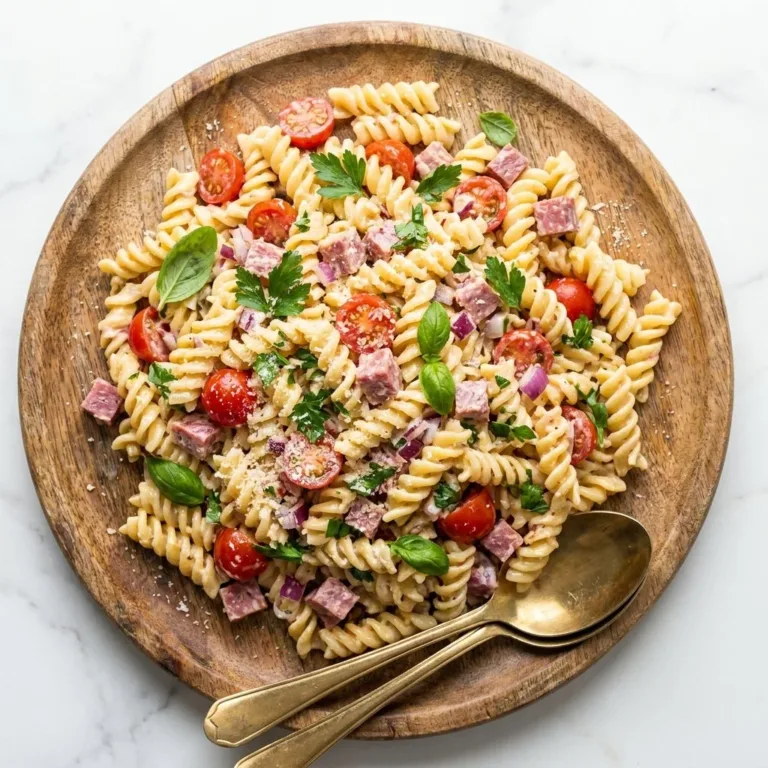 Bowl of quick Italian Grinder Pasta Salad with fresh vegetables and dressing