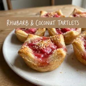 Rhubarb Coconut Macaroon Tarts garnished with fresh rhubarb and coconut topping