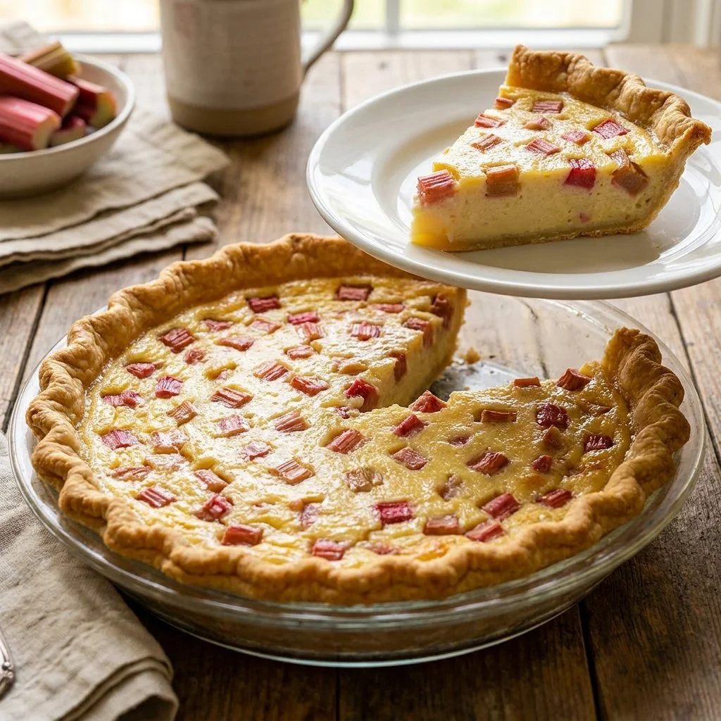 Deliciously baked rhubarb custard pie served on a cozy table setting.