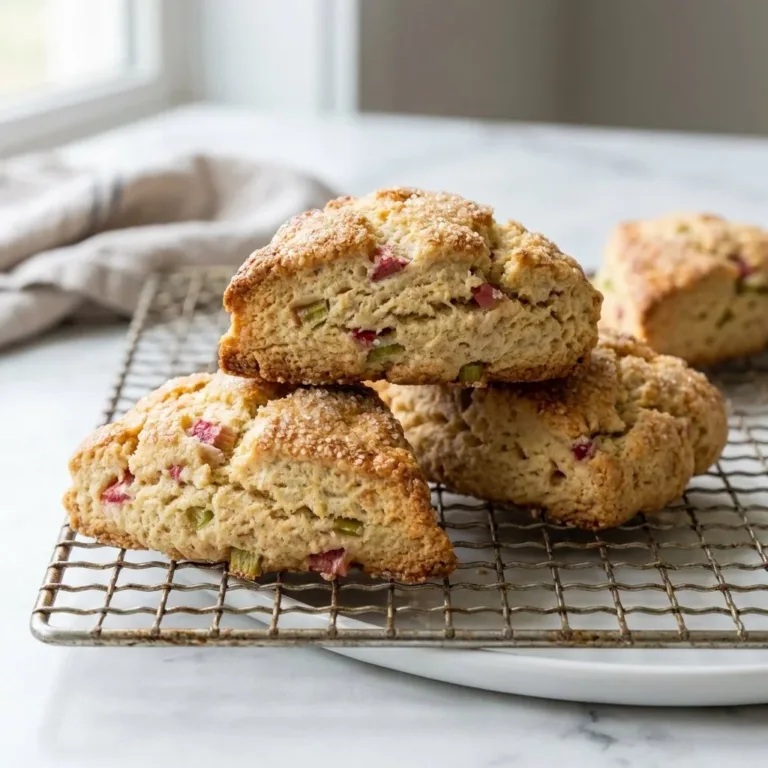 Freshly baked rhubarb scones served on a plate with a cup of tea