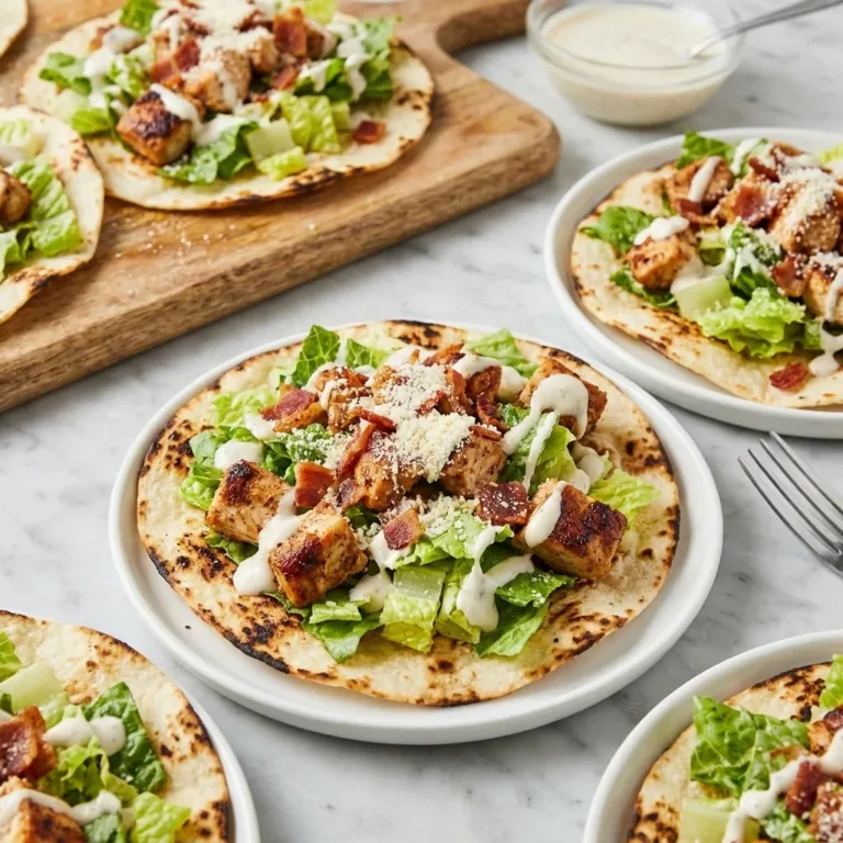 Smash chicken caesar tacos served with fresh toppings on a dinner plate.