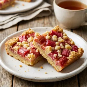 Delicious sweet and tart rhubarb bars topped with icing on a wooden table