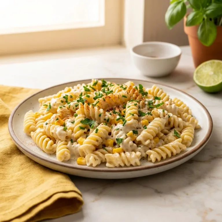 Bowl of vibrant elote pasta salad with corn, spices, and fresh herbs