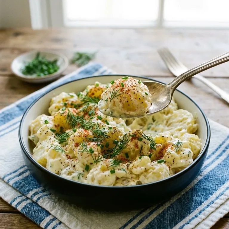 Delicious creamy potato salad served in a bowl with fresh herbs