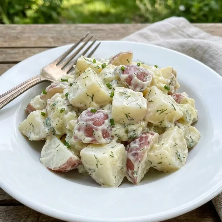 Delicious bowl of the best ever potato salad garnished with herbs