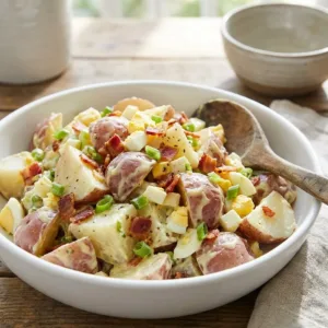Delicious potato salad in a bowl, perfect for family gatherings and picnics.