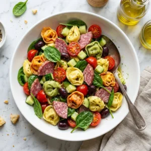 Bowl of colorful Tortellini Pasta Salad with fresh vegetables